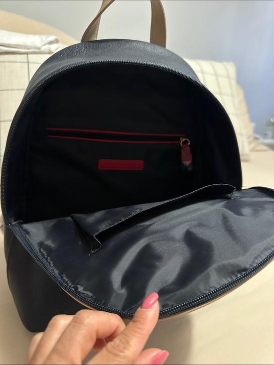 Tommy Hilfiger Black and Beige Backpack with Red-White-Black Stripe